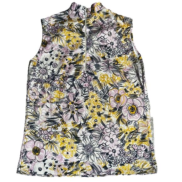Vintage 70s Mock Neck Floral Tank Top Psychedelic Boho Festival Blouse XS - Picture 2 of 6